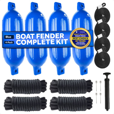 Boat Docking Kit - 4.5" x 16" Blue Fenders & Dock Lines, 4-Pack - FO4539-C2 - Five Oceans