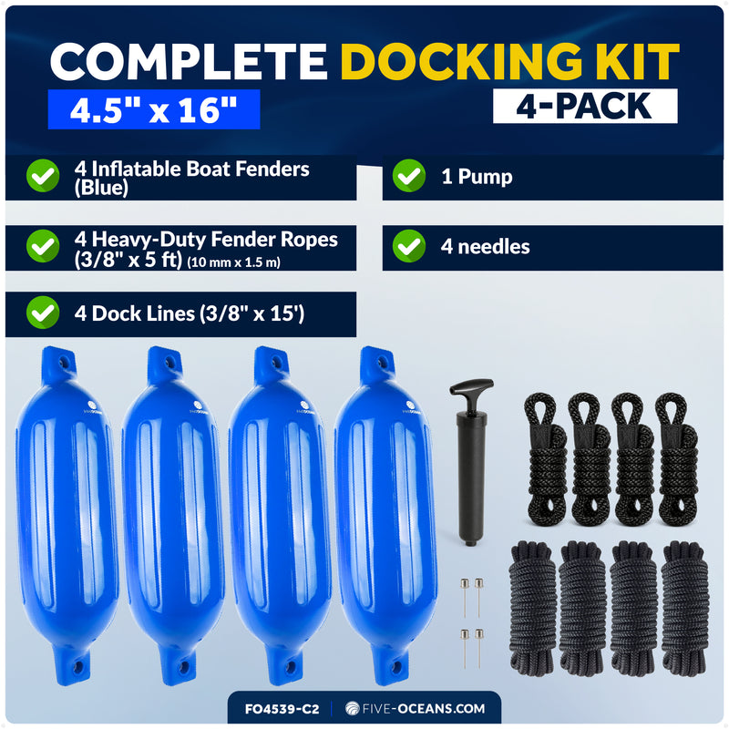 Boat Docking Kit - 4.5" x 16" Blue Fenders & Dock Lines, 4-Pack