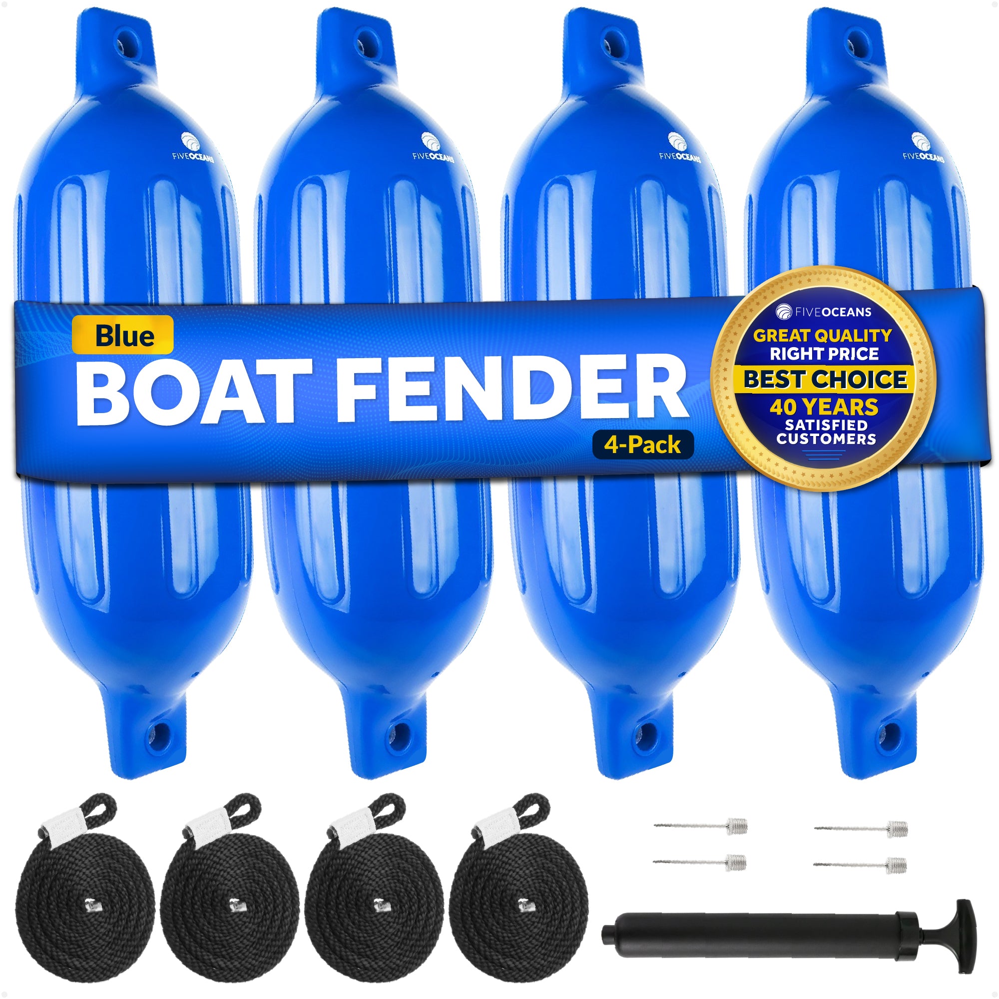 Inflatable Ribbed Boat Fenders - 4 Pack, Blue, 4.5" x 16" - FO4539