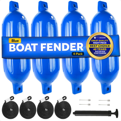Inflatable Ribbed Boat Fenders - 4 Pack, Blue, 4.5" x 16" - FO4539 - Five Oceans