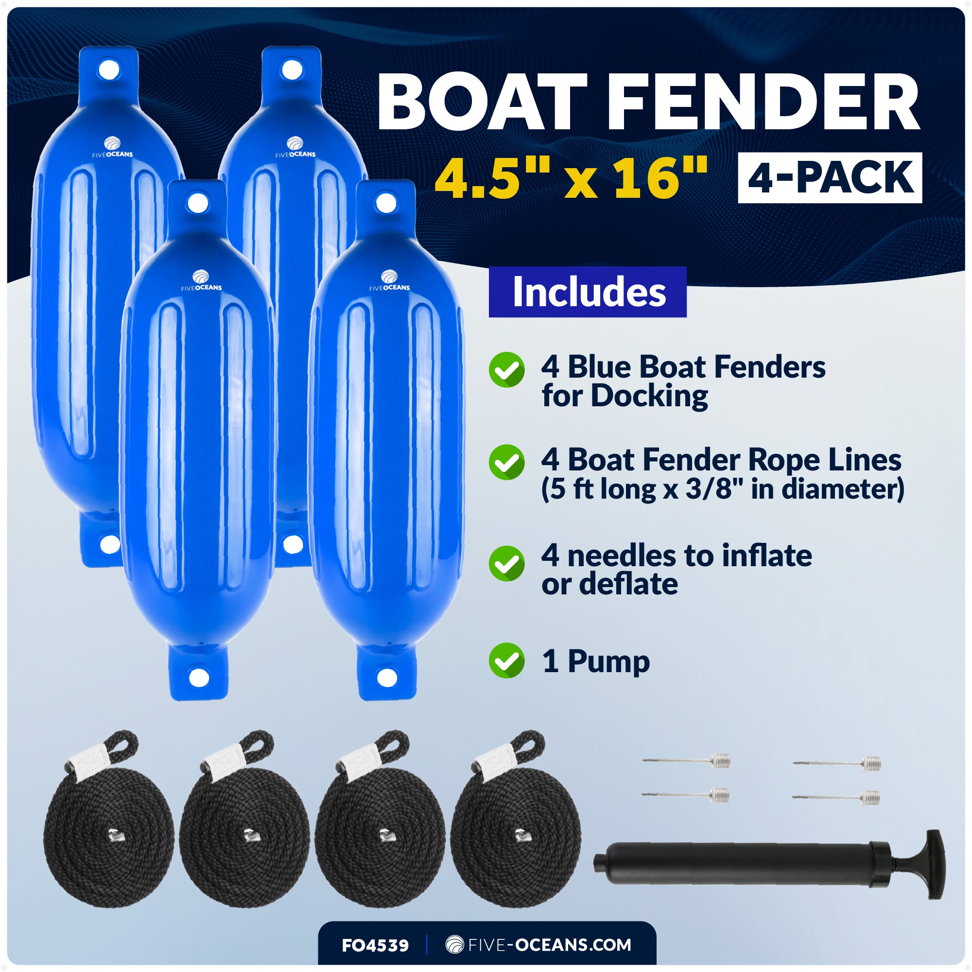 Inflatable Ribbed Boat Fenders - 4 Pack, Blue, 4.5" x 16" - FO4539