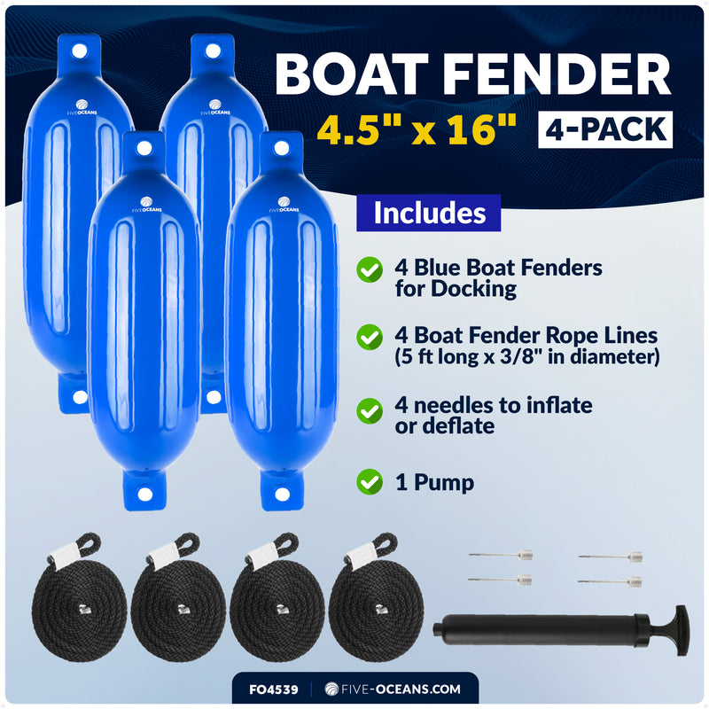 Inflatable Ribbed Boat Fenders - 4 Pack, Blue, 4.5" x 16" - FO4539 - Five Oceans