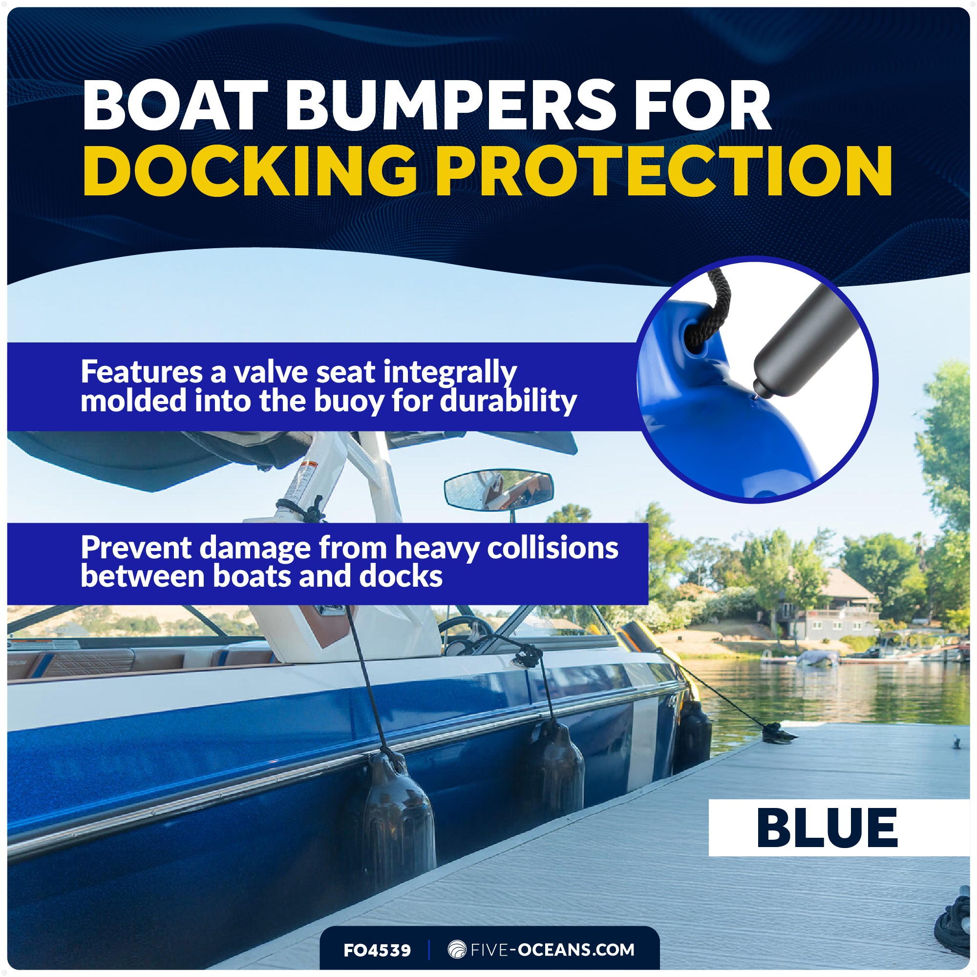 Inflatable Ribbed Boat Fenders - 4 Pack, Blue, 4.5" x 16" - FO4539