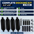 Pontoon Docking Kit - 6.5" x 23" Black Fenders with Dock Lines & Fender Clips, 4-Pack
