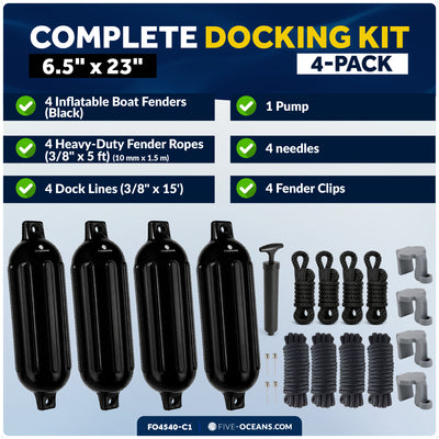 Pontoon Docking Kit - 6.5" x 23" Black Fenders with Dock Lines & Fender Clips, 4-Pack - Five Oceans