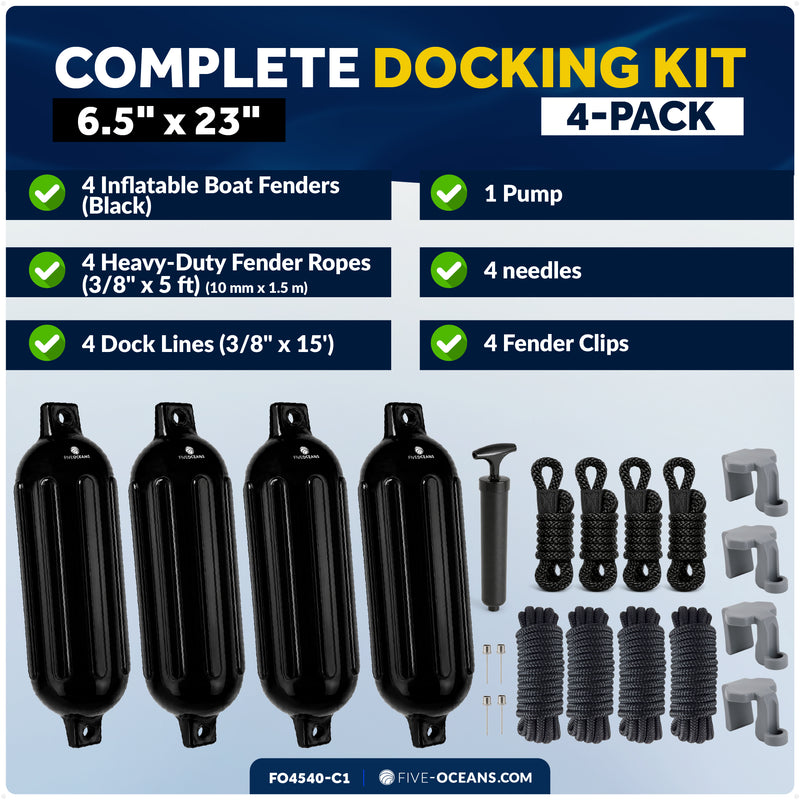 Pontoon Docking Kit - 6.5" x 23" Black Fenders with Dock Lines & Fender Clips, 4-Pack