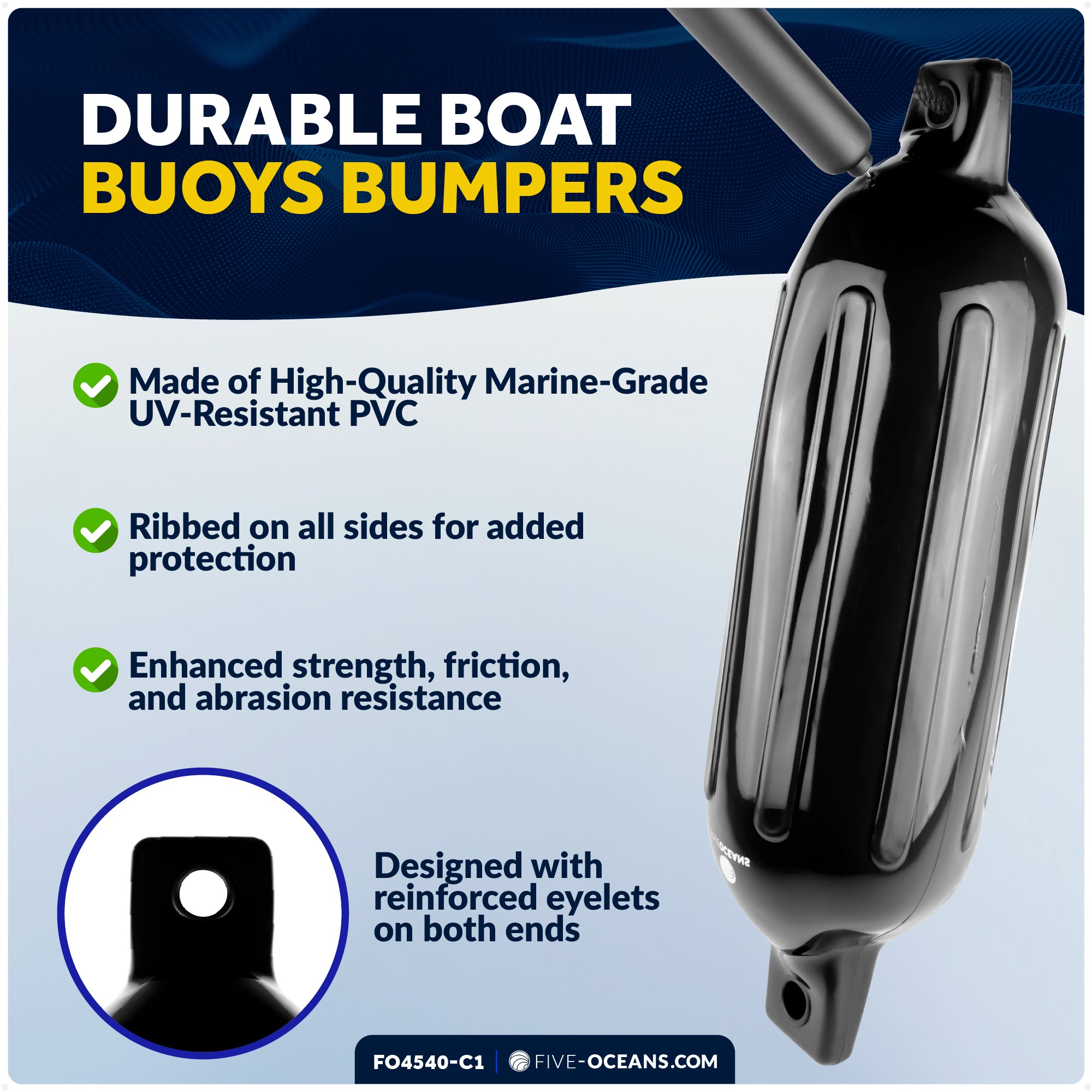 Pontoon Docking Kit - Inflatable Ribbed Fender, Black 6.5" x 23", Dock Lines and Fender Clips - FO4540-C1