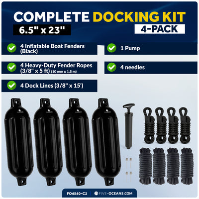 Boat Docking Kit - 6.5" x 23" Black Fenders & Dock Lines, 4-Pack - Five Oceans