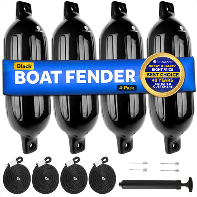 Inflatable Ribbed Boat Fenders - 4 Pack, Black, 6.5" x 23" - FO4540 - Five Oceans
