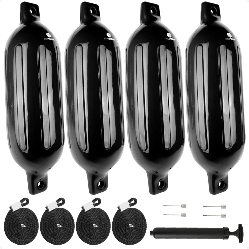 6.5" x 23" Inflatable Ribbed Boat Fenders, Black, 4 Pack