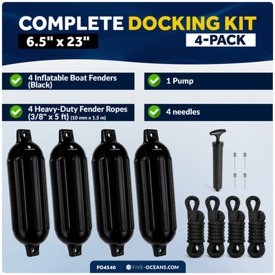 6.5" x 23" Inflatable Ribbed Boat Fenders, Black, 4 Pack