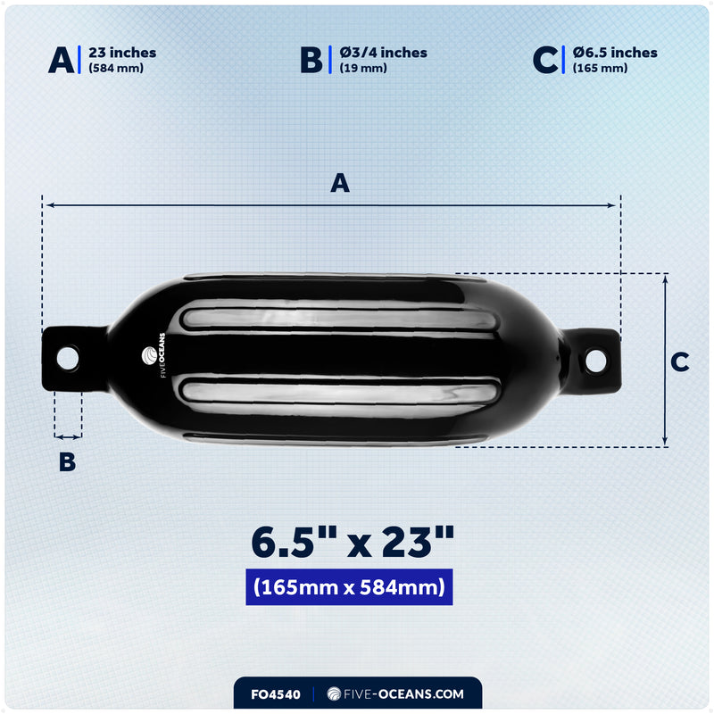 6.5" x 23" Inflatable Ribbed Boat Fenders, Black, 4 Pack