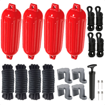 Pontoon Docking Kit - 6.5" x 23" Red Fenders with Dock Lines & Fender Clips, 4-Pack