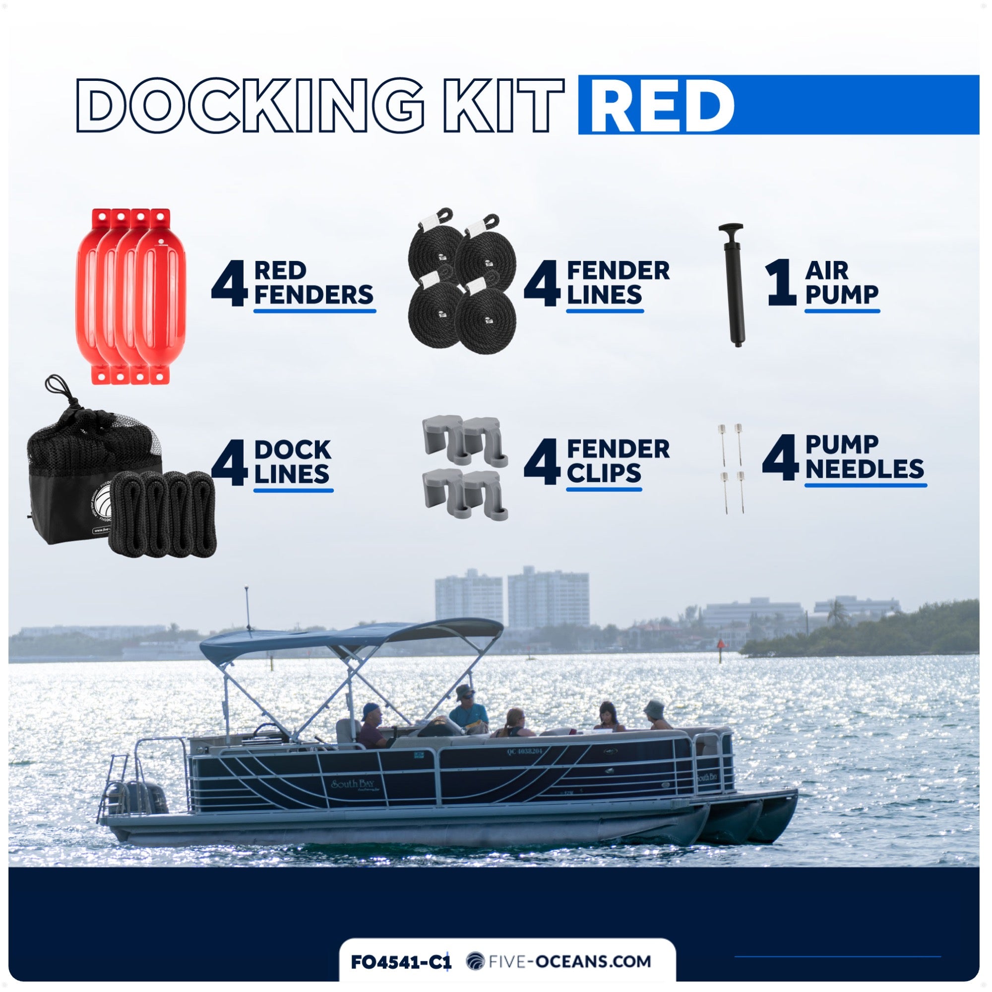 Boat Fenders Complete Set, Red 6.5" x 23", Includes Dock Lines and Fender Clips - FO4541-C1 - Five Oceans