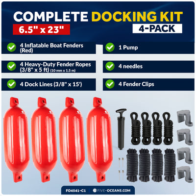 Pontoon Docking Kit - 6.5" x 23" Red Fenders with Dock Lines & Fender Clips, 4-Pack