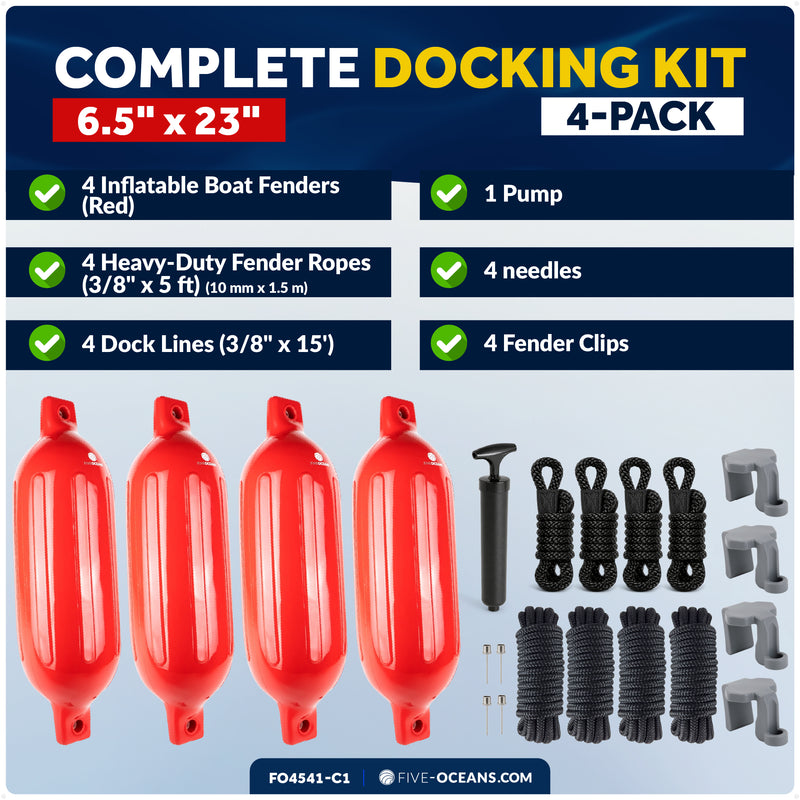 Pontoon Docking Kit - 6.5" x 23" Red Fenders with Dock Lines & Fender Clips, 4-Pack