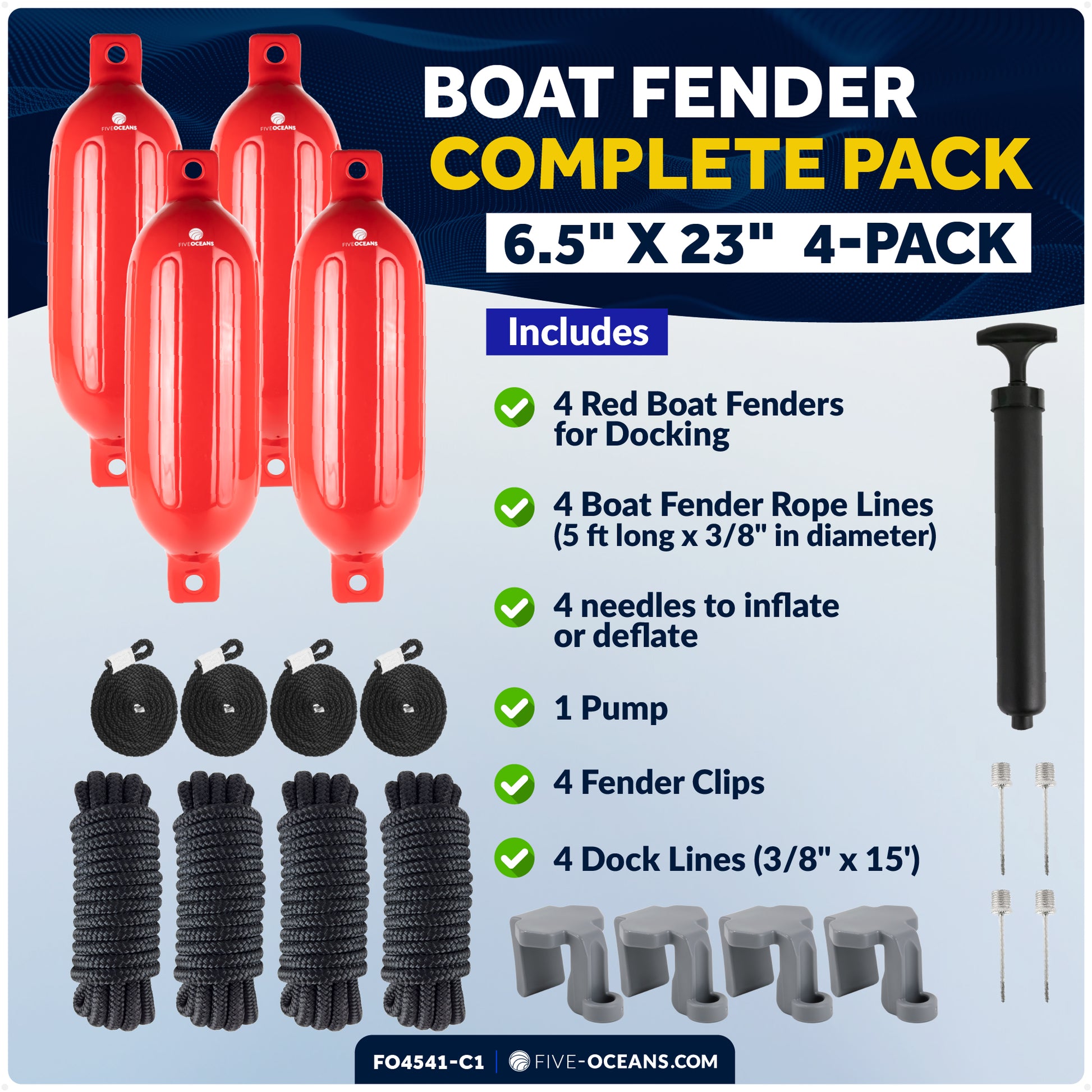 Pontoon Docking Kit - Inflatable Ribbed Fender, Red 6.5" x 23", Dock Lines and Fender Clips - FO4541-C1 - Five Oceans