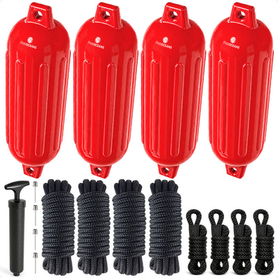 Boat Docking Kit - 6.5" x 23" Red Fenders & Dock Lines, 4-Pack
