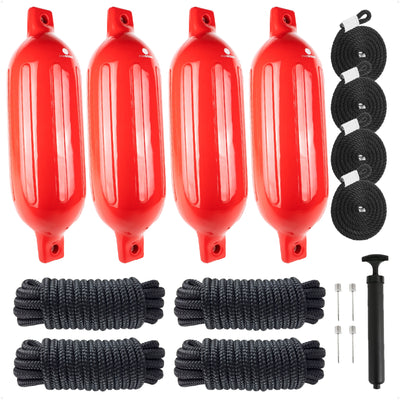 Boat Docking Kit - 6.5" x 23" Red Fenders & Dock Lines, 4-Pack
