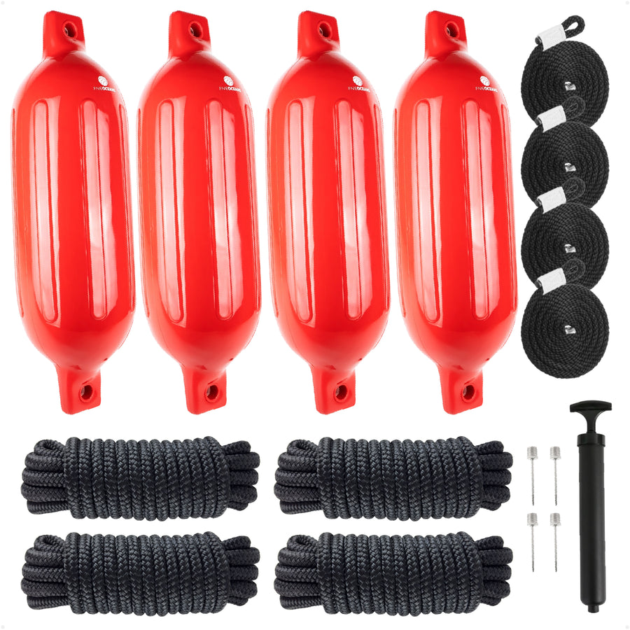 Boat Docking Kit - 6.5" x 23" Red Fenders & Dock Lines, 4-Pack