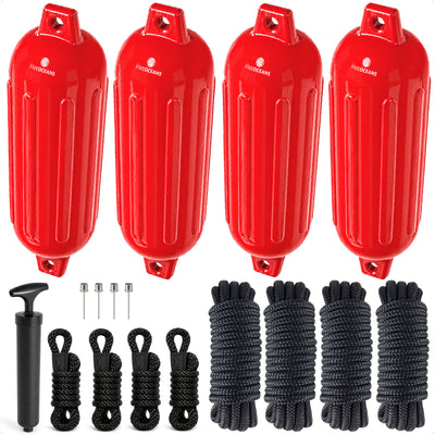 Boat Docking Kit - 6.5" x 23" Red Fenders & Dock Lines, 4-Pack