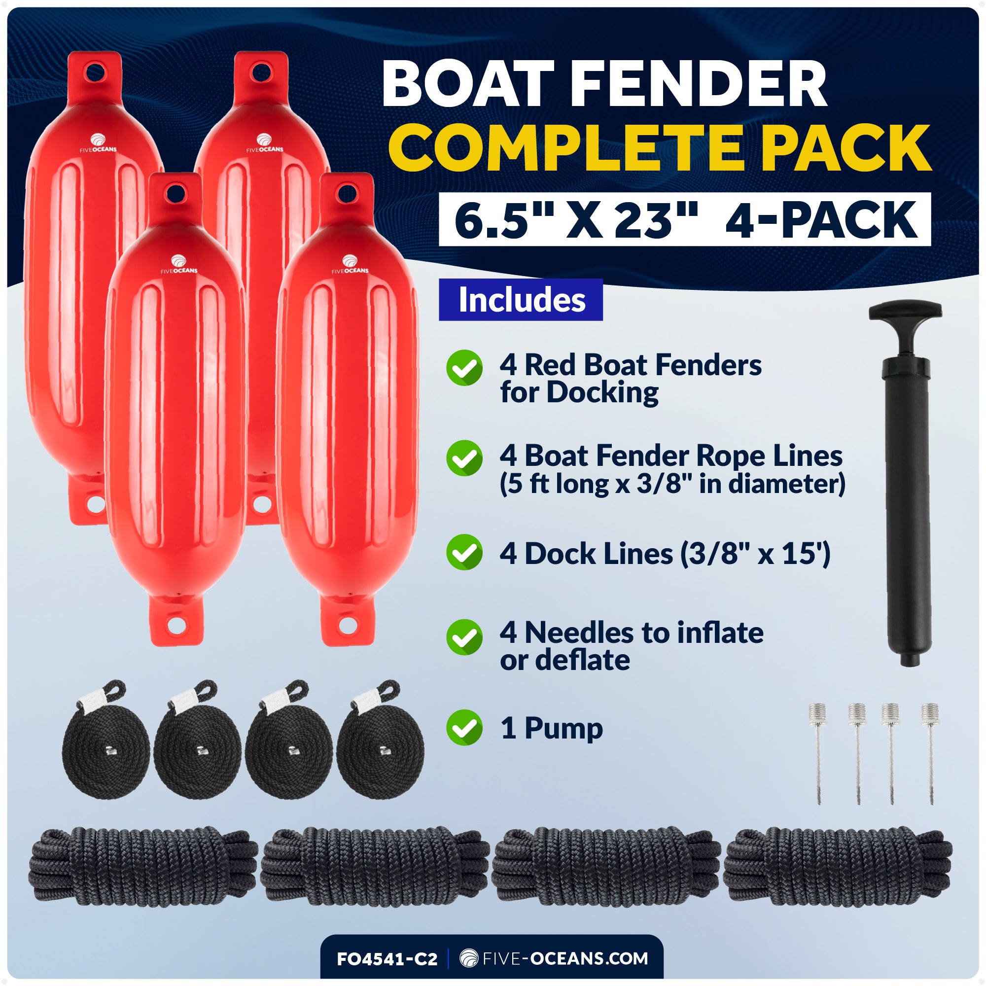 Inflatable Ribbed Boat Fender Kit, Red 6.5" x 23", Includes 3/8" x 15' Dock Lines - FO4541-C2