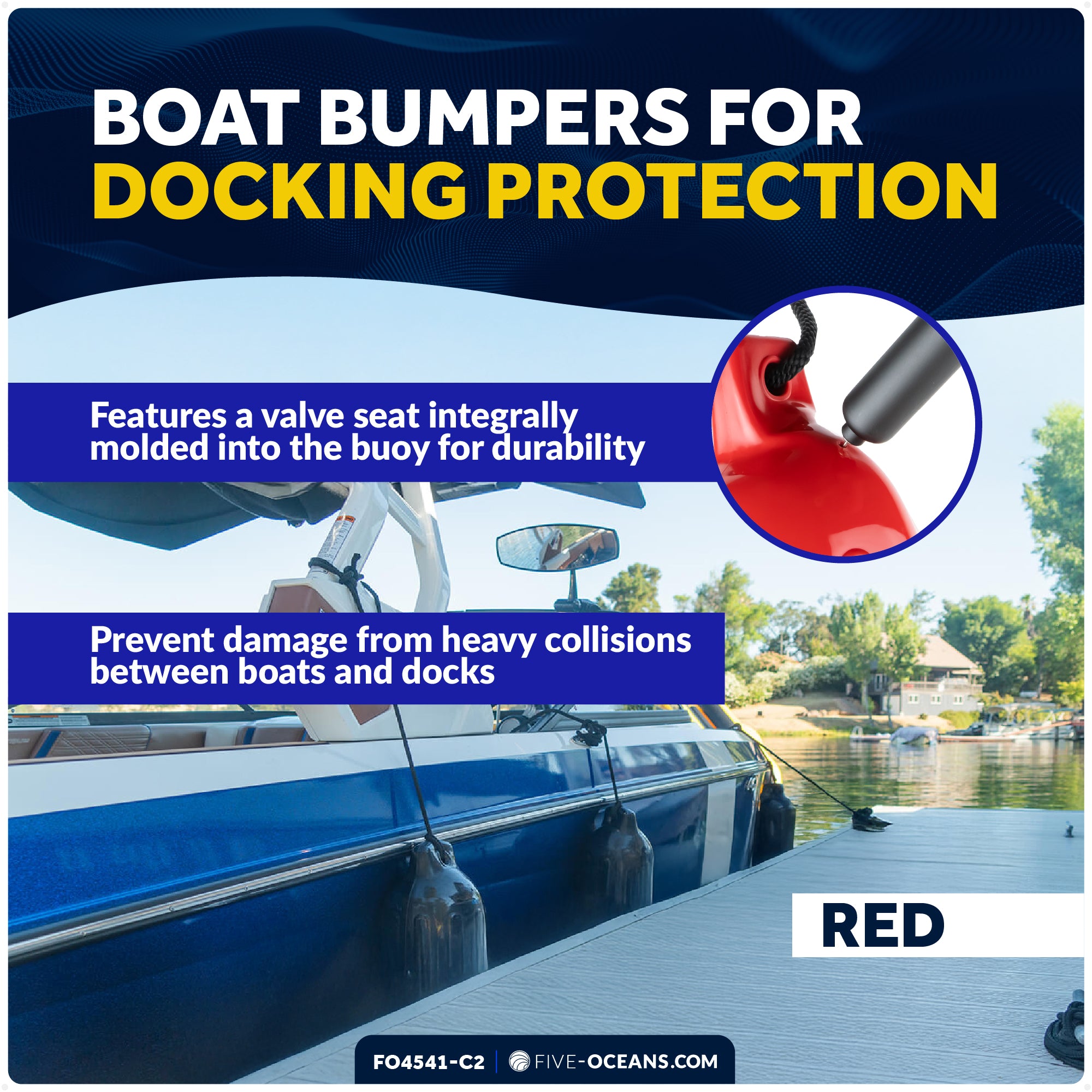 Inflatable Ribbed Boat Fender Kit, Red 6.5" x 23", Includes 3/8" x 15' Dock Lines - FO4541-C2