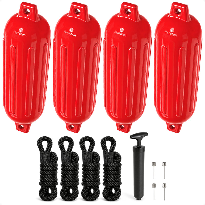 6.5" x 23" Inflatable Ribbed Boat Fenders, Red, 4-Pack