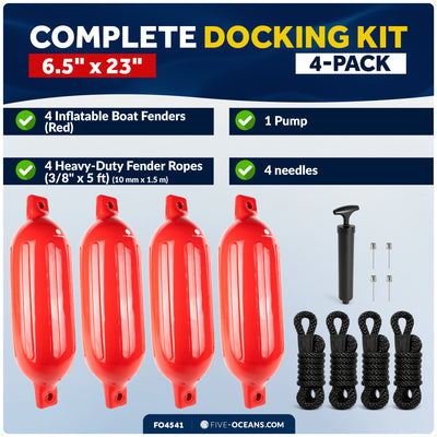 6.5" x 23" Inflatable Ribbed Boat Fenders, Red, 4-Pack