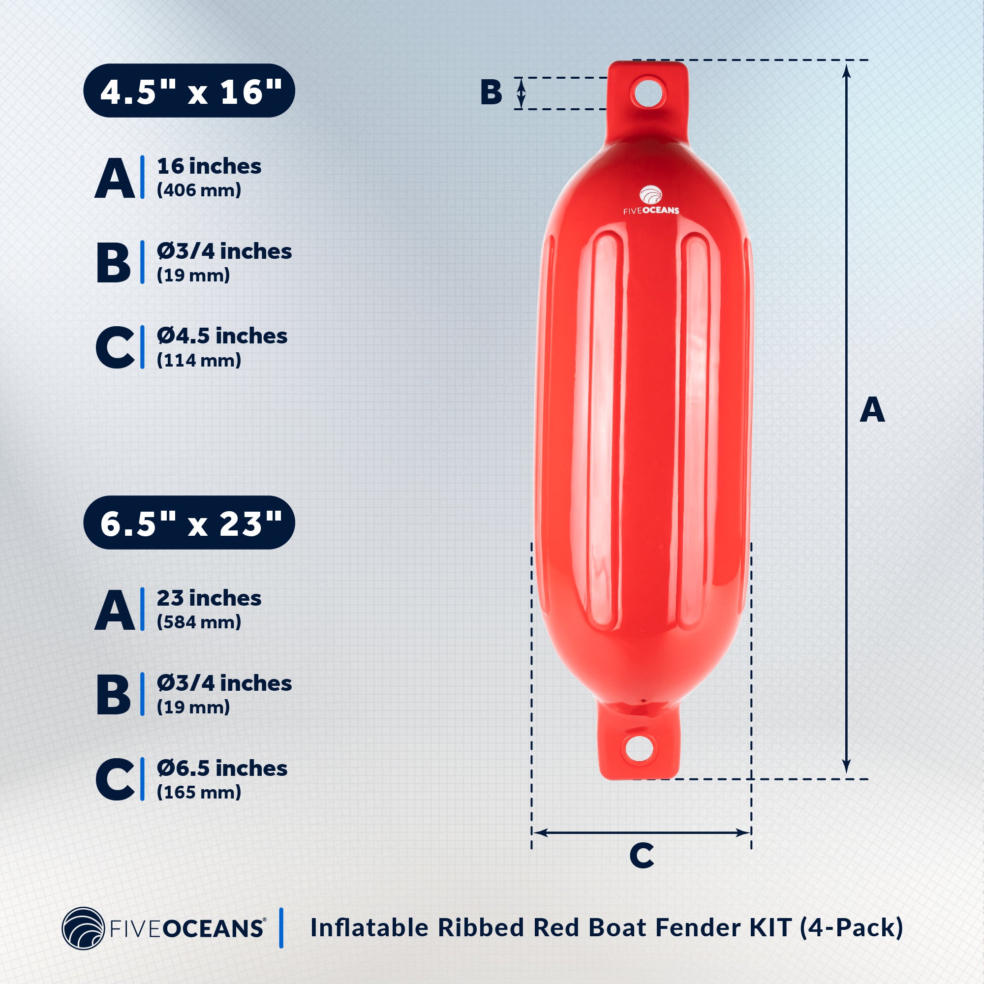 Boat Fenders, 4 Pack Red 6.5" x 23" - FO4541 - Five Oceans