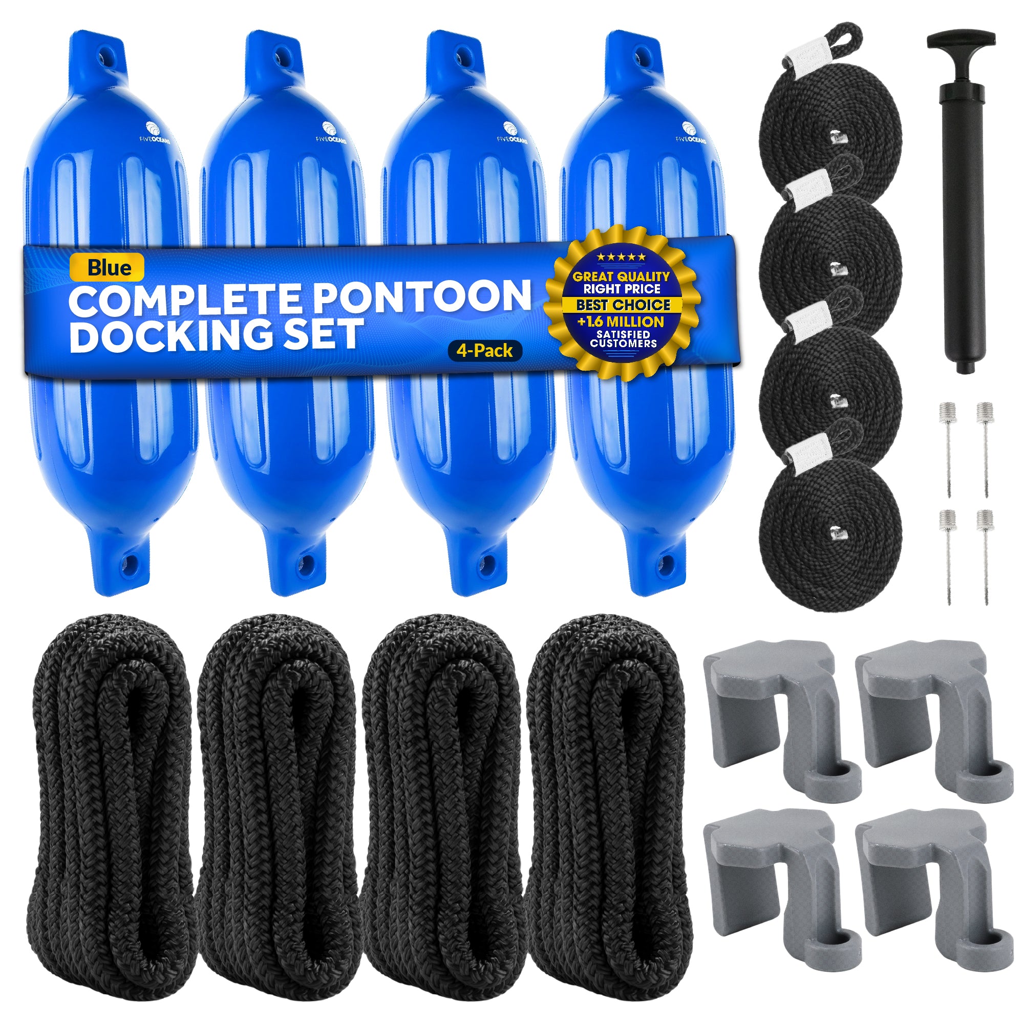 Boat Fenders Complete Set, Blue 6.5" x 23", Includes Dock Lines and Fender Clips - FO4542-C1 - Five Oceans