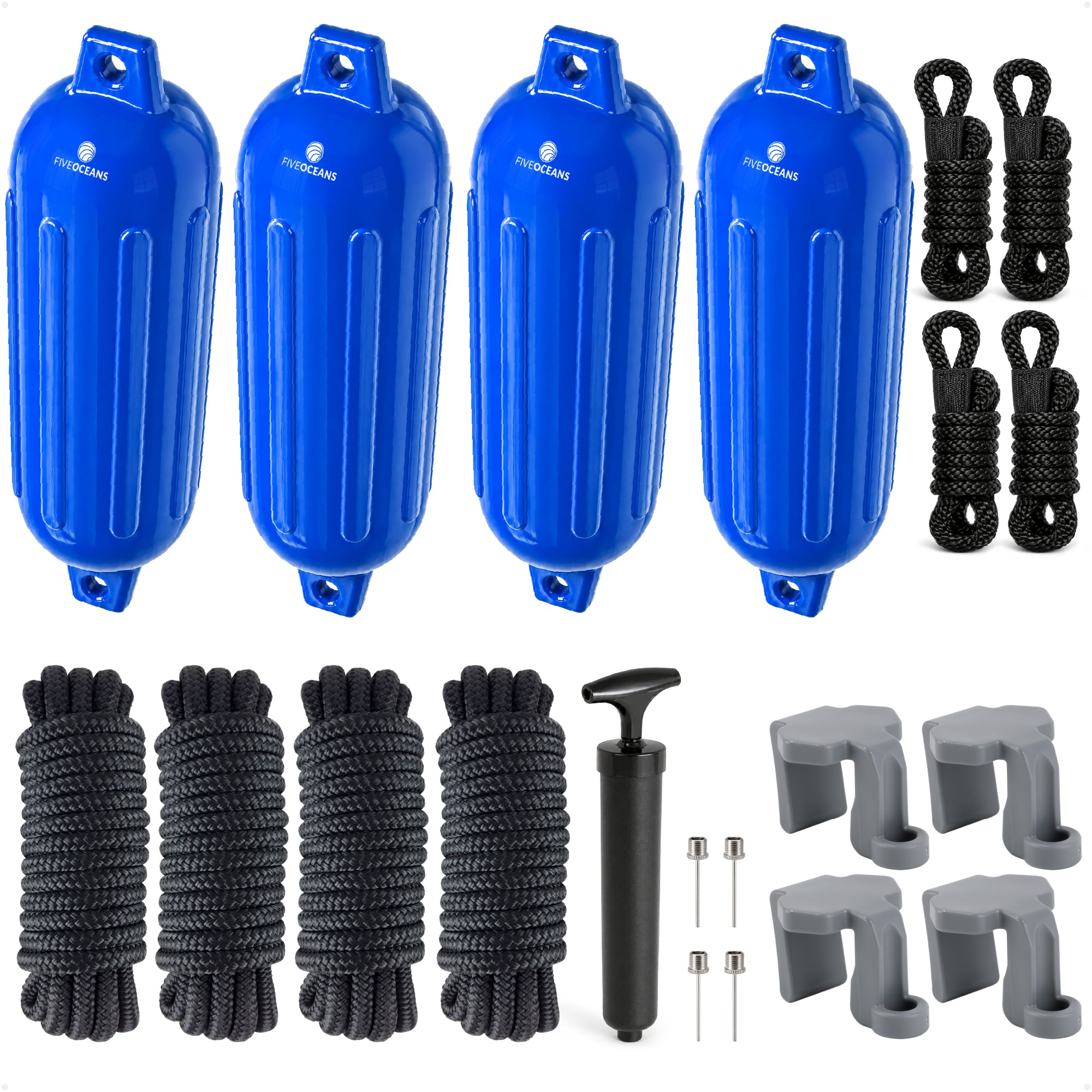 Pontoon Docking Kit - 6.5" x 23" Blue Fenders with Dock Lines & Fender Clips, 4-Pack