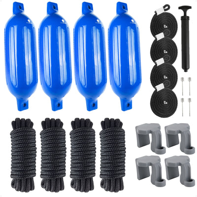 Pontoon Docking Kit - Blue Fenders with Dock Lines & Fender Clips, 4-Pack
