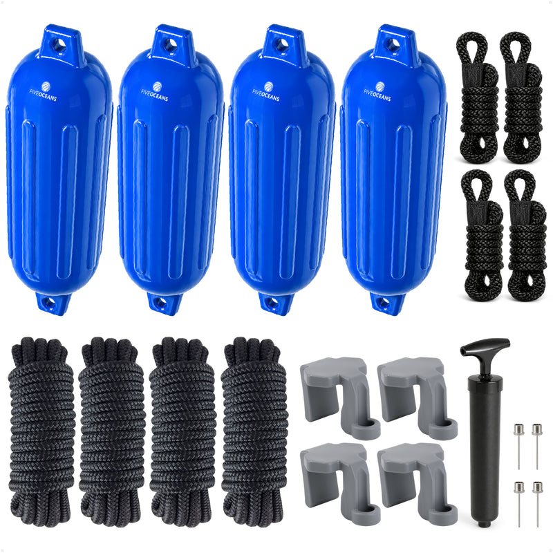 Pontoon Docking Kit - 6.5" x 23" Blue Fenders with Dock Lines & Fender Clips, 4-Pack