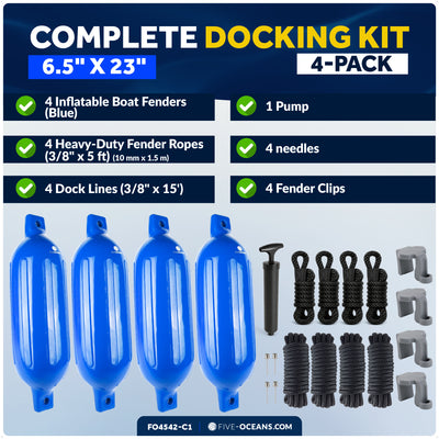 Pontoon Docking Kit - 6.5" x 23" Blue Fenders with Dock Lines & Fender Clips, 4-Pack - Five Oceans
