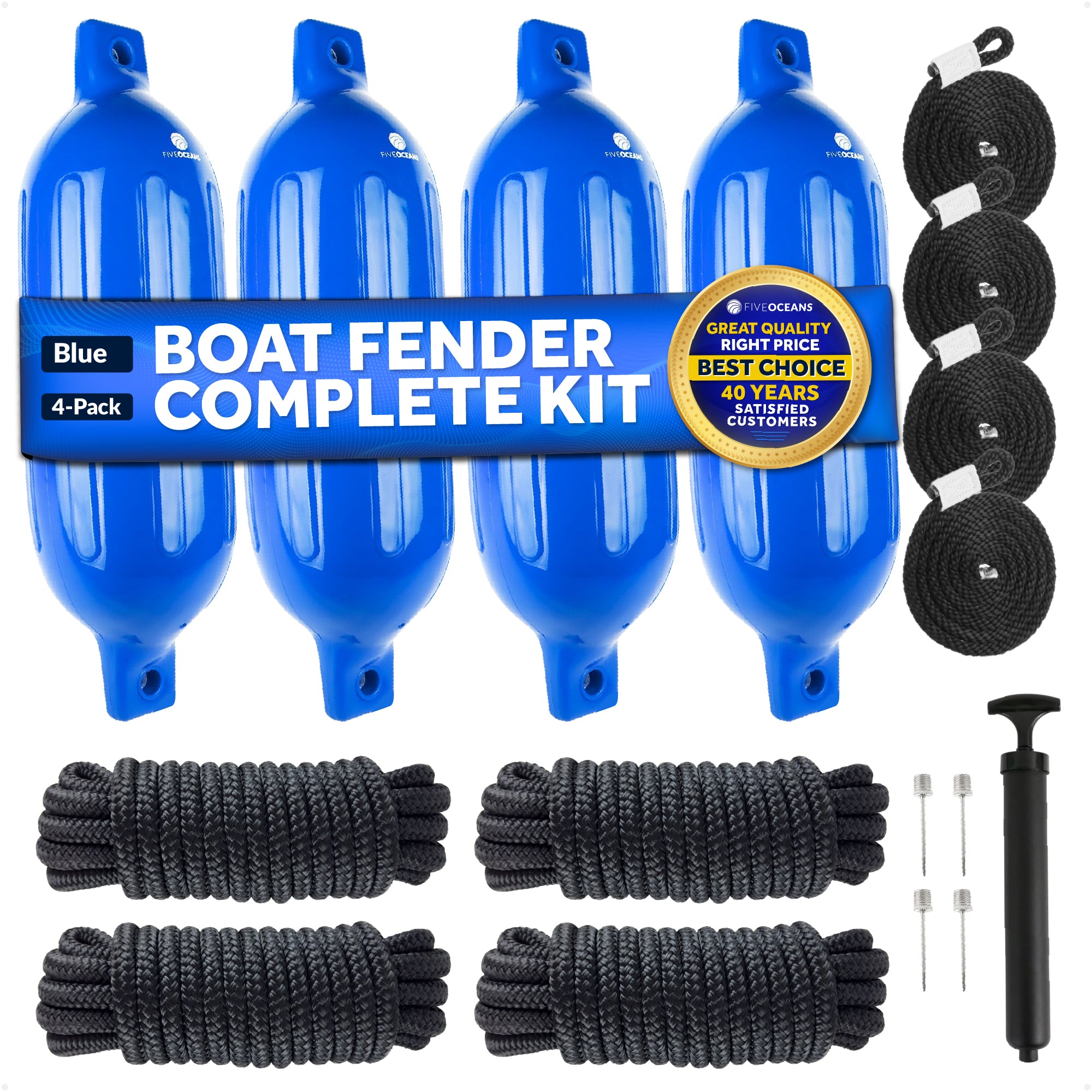 Boat Docking Kit - 6.5" x 23" Blue Fenders & Dock Lines, 4-Pack - FO4542-C2 - Five Oceans