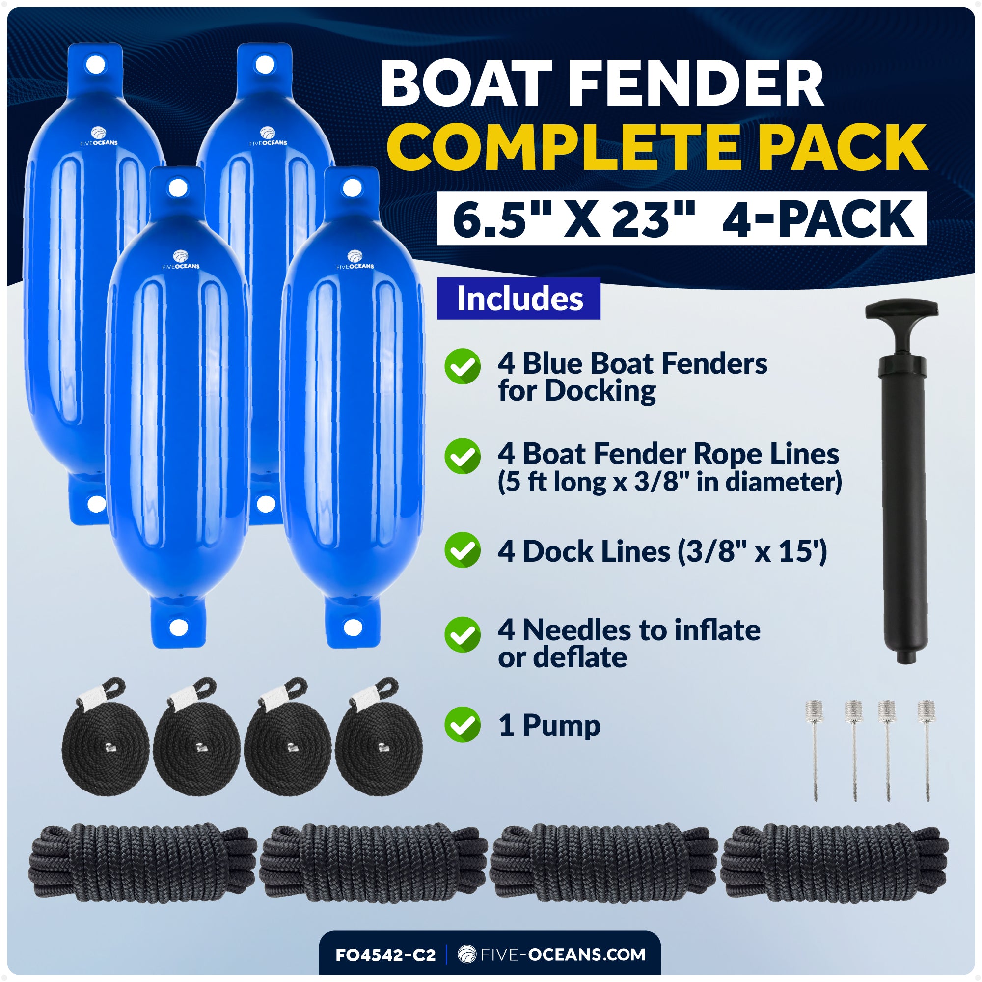 Boat Docking Kit - Inflatable Ribbed Fender, Blue 6.5" x 23" and 3/8" x 15' Dock Lines - FO4542-C2