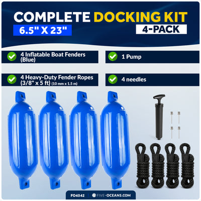 6.5" x 23" Inflatable Ribbed Boat Fenders, Blue, 4 Pack - Five Oceans