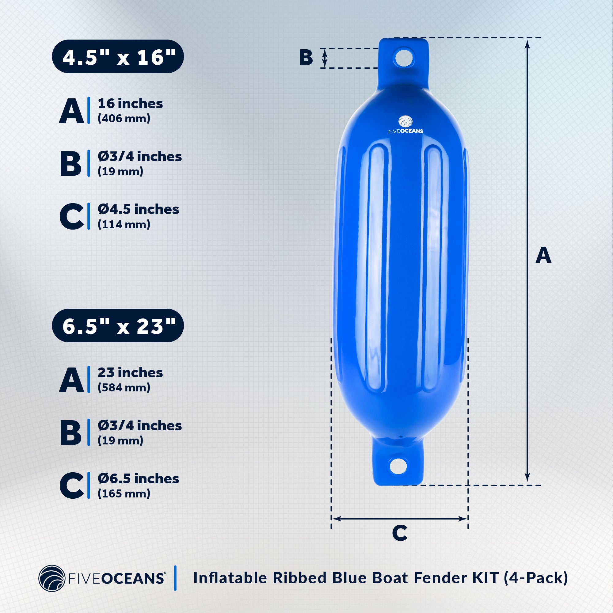 Boat Fenders, 4 Pack Blue 6.5" x 23" - FO4542 - Five Oceans