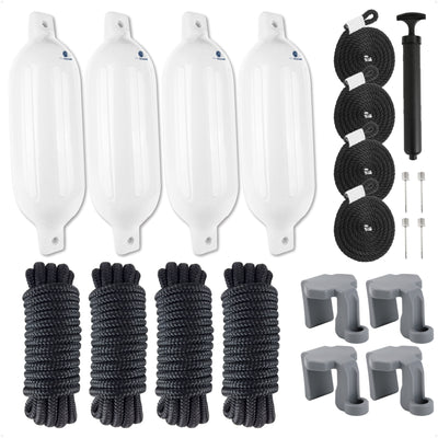 Pontoon Docking Kit - White Fenders with Dock Lines & Fender Clips, 4-Pack