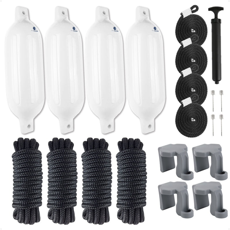 Pontoon Docking Kit - White Fenders with Dock Lines & Fender Clips, 4-Pack