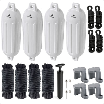 Pontoon Docking Kit - White Fenders with Dock Lines & Fender Clips, 4-Pack