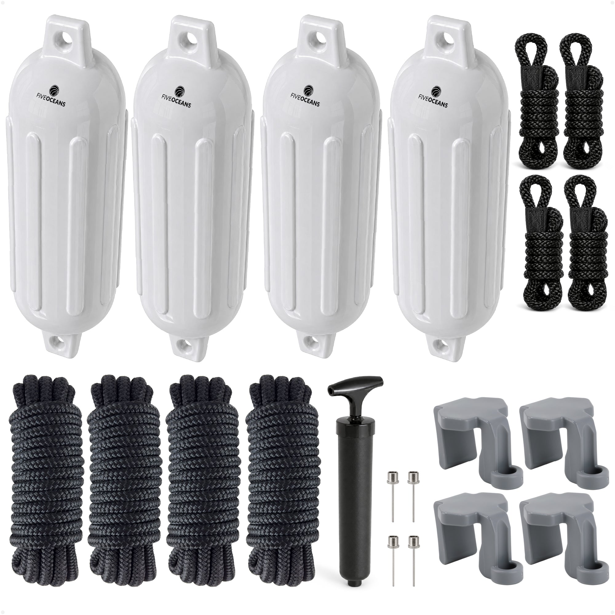 Pontoon Docking Kit - 4.5" x 16" White Fenders with Dock Lines & Fender Clips, 4-Pack