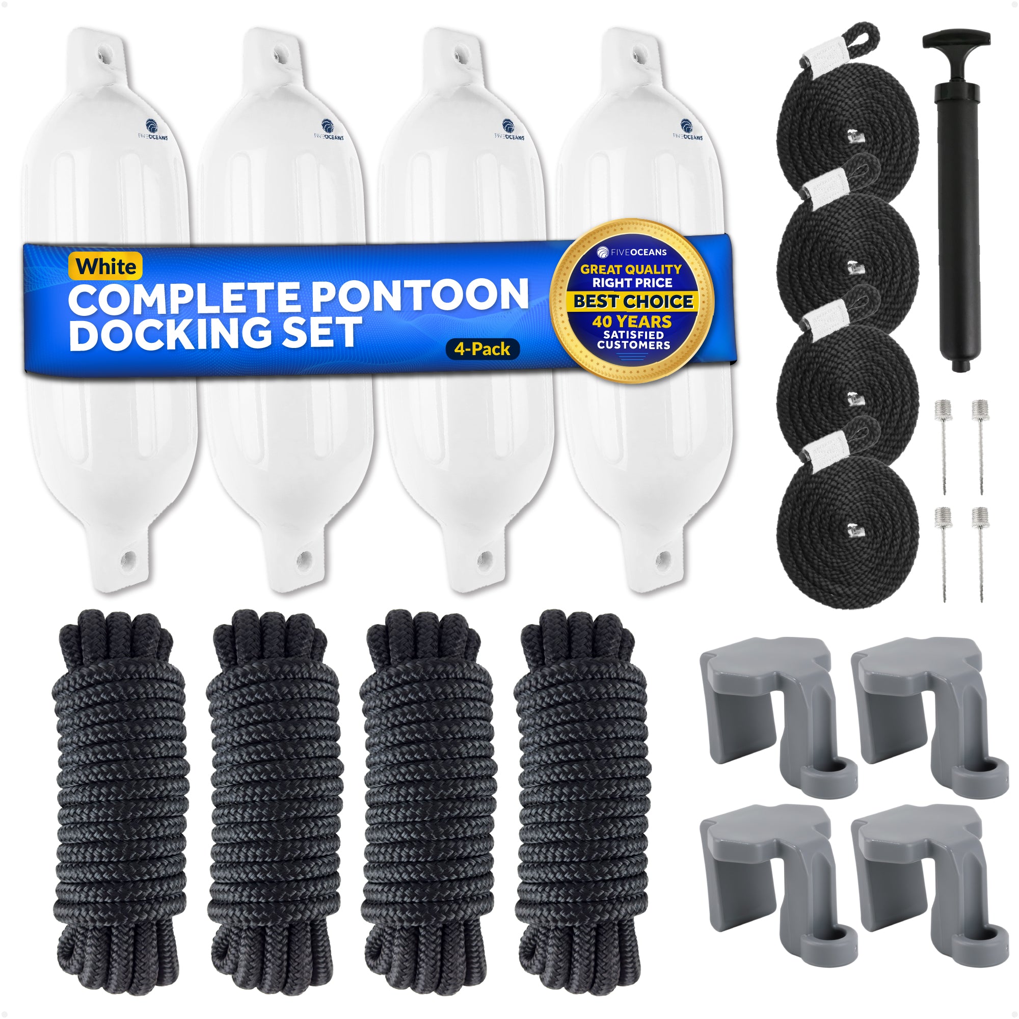 Inflatable Ribbed Boat Fender Kit, White 4.5" x 16", Includes Dock Lines and Fender Clips - FO4543-C1