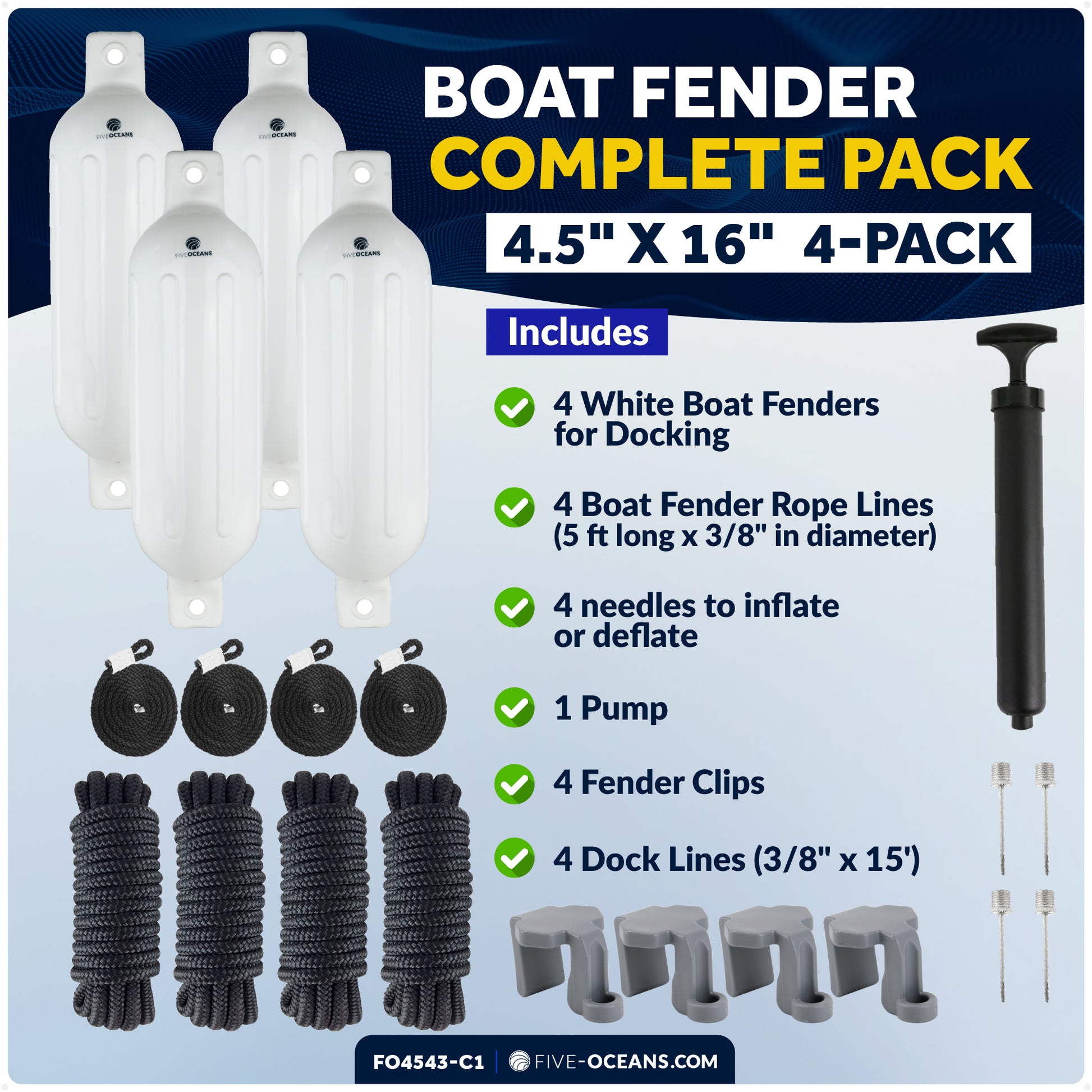 Pontoon Docking Kit - Inflatable Ribbed Fender, White 4.5" x 16", Dock Lines and Fender Clips - FO4543-C1 - Five Oceans