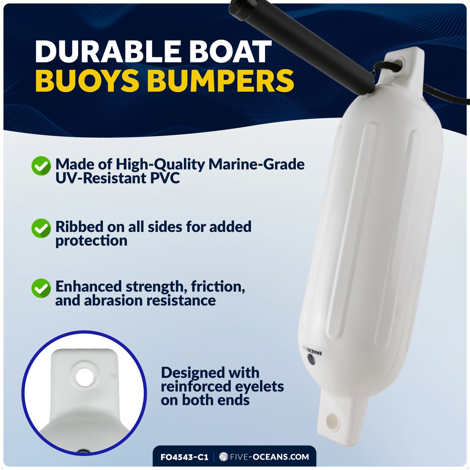Pontoon Docking Kit - Inflatable Ribbed Fender, White 4.5" x 16", Dock Lines and Fender Clips - FO4543-C1 - Five Oceans