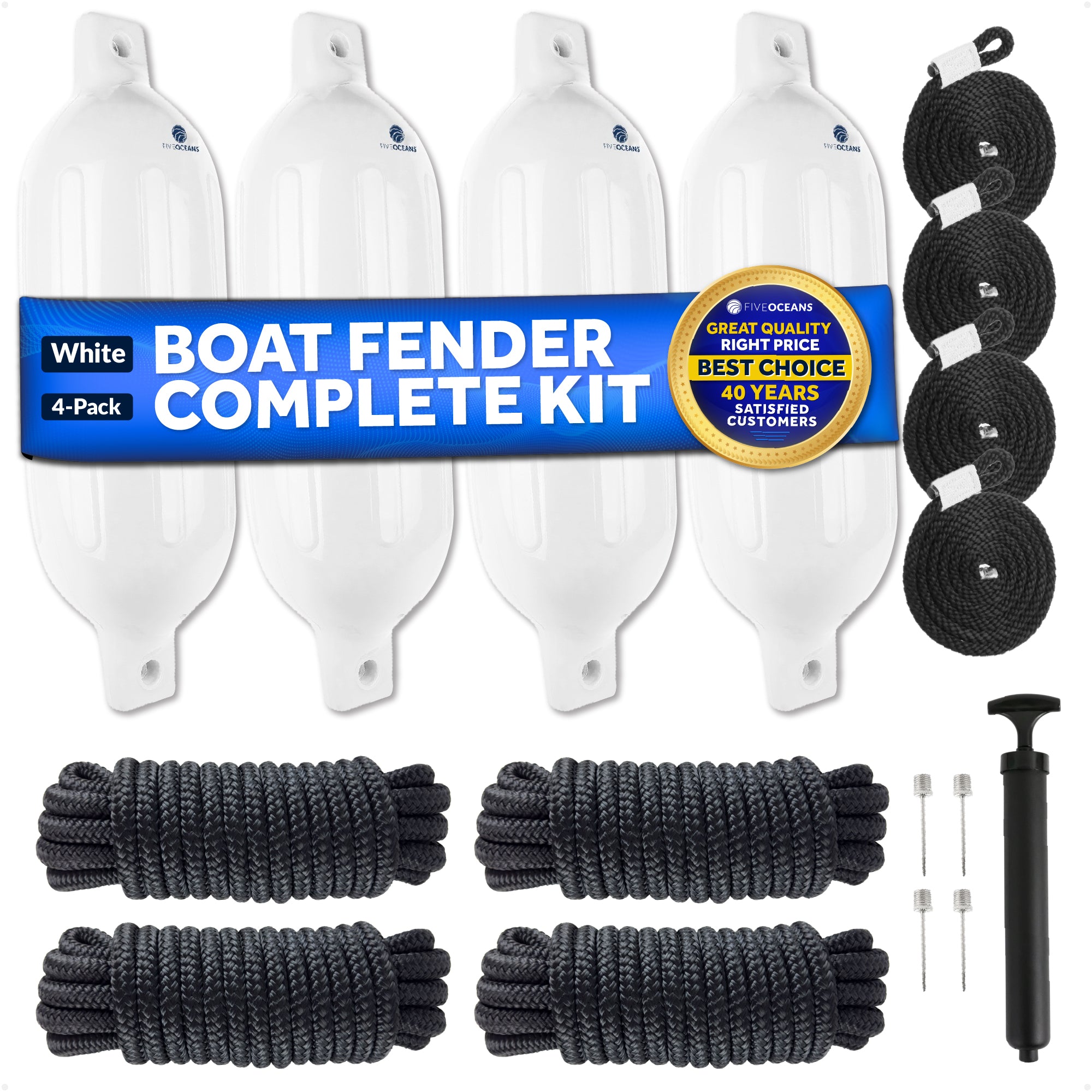 Inflatable Ribbed Boat Fender Kit, White 4.5" x 16", Includes 3/8" x 15' Dock Lines - FO4543-C2