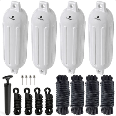 Boat Docking Kit - White Fenders & Dock Lines, 4-Pack