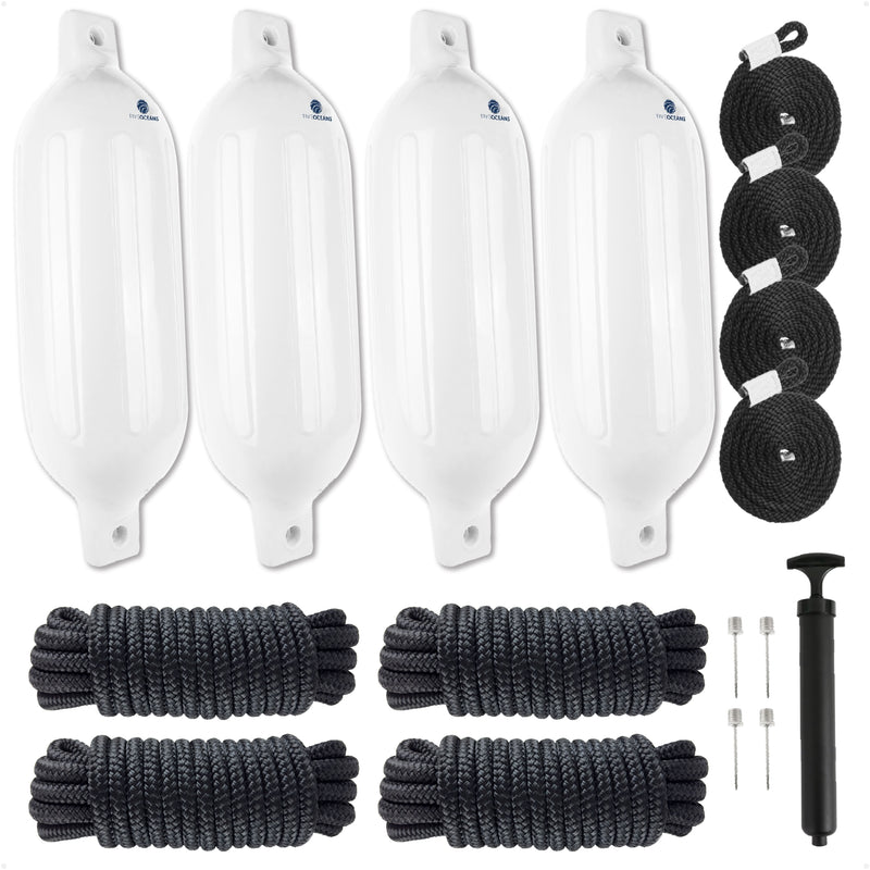 Boat Docking Kit - 6.5" x 23" White Fenders & Dock Lines, 4-Pack