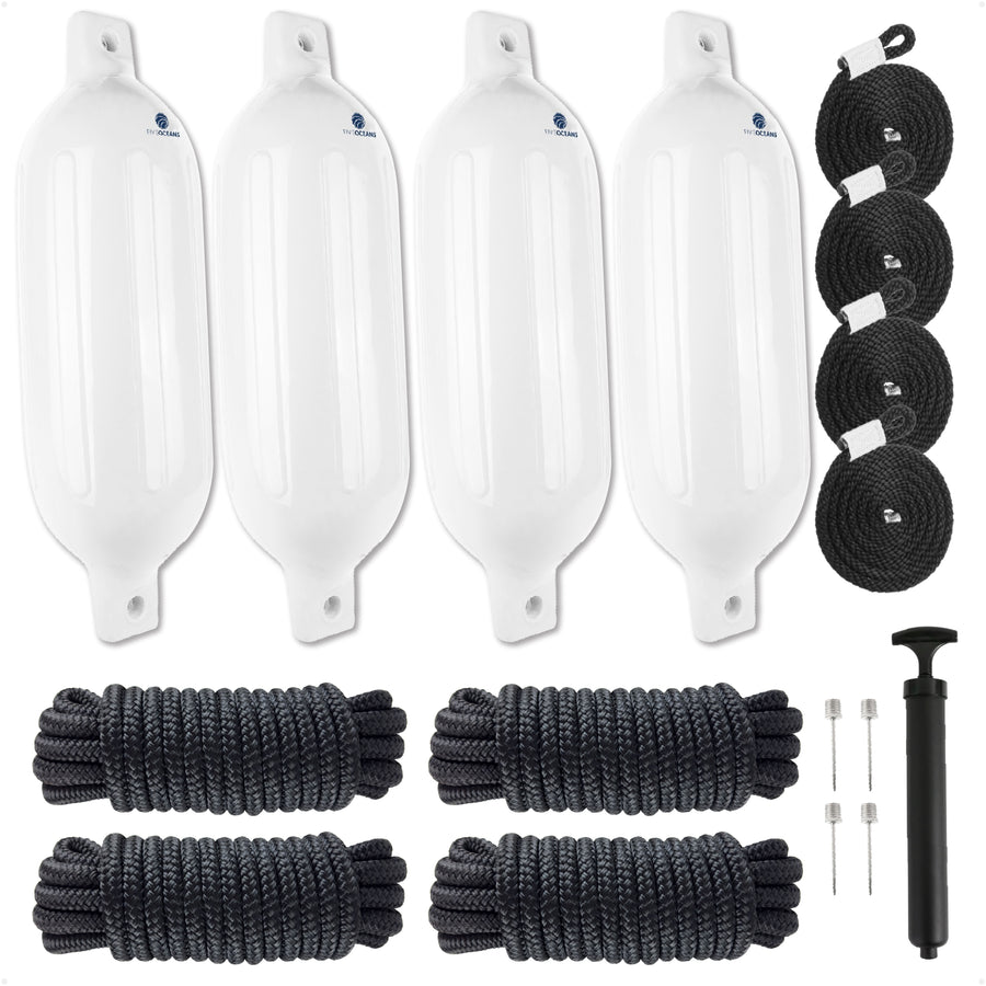 Boat Docking Kit - 6.5" x 23" White Fenders & Dock Lines, 4-Pack